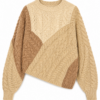 Oversized Tan Beige Colorblock Cable Knit Crewneck Sweater