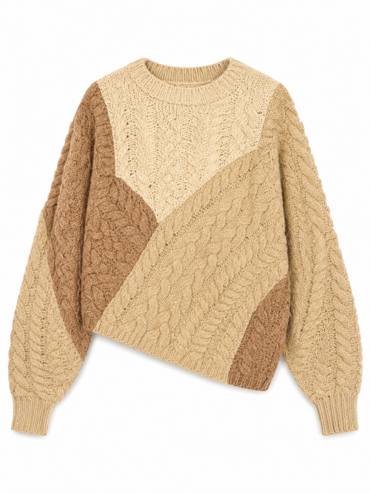 Oversized Tan Beige Colorblock Cable Knit Crewneck Sweater
