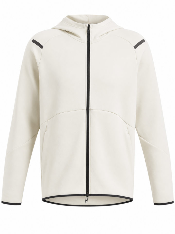 Off-White Full-Zip Hoodie with Black Trim and Shoulder Stripes
