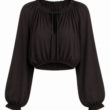 Black Cropped Blouson Top with Balloon Sleeves