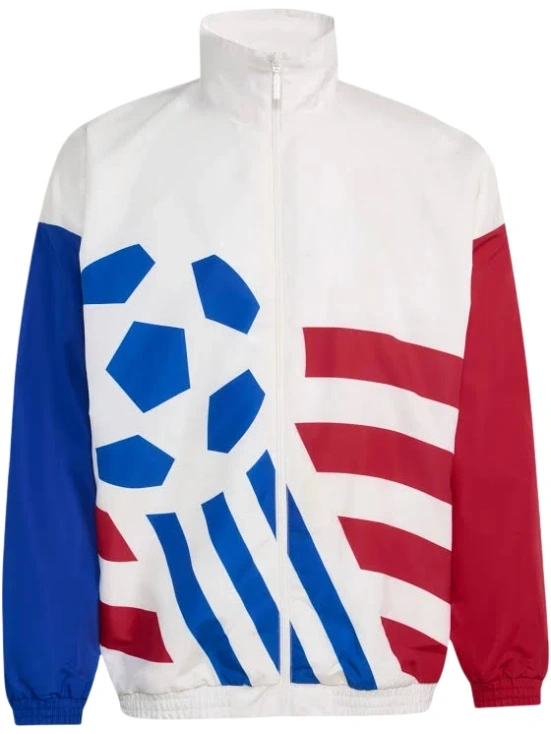 White Color-Blocked Track Jacket with Blue and Red Sleeves