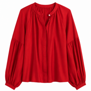 Red Split Neck Blouse with Voluminous Sleeves