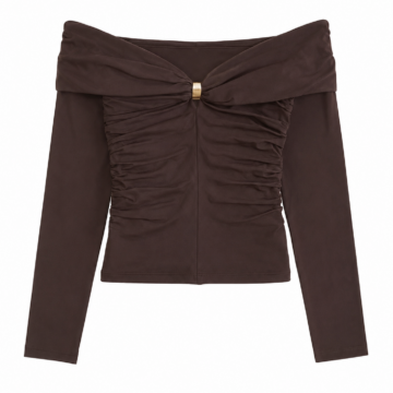 Dark Brown Off-Shoulder Ruched Long Sleeve Crop Top