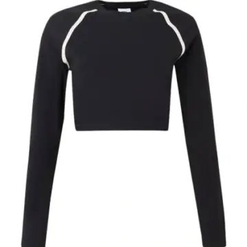 Black Cropped Long-Sleeve Top with White Contrast Piping