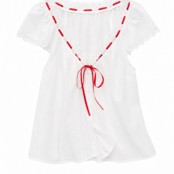 White Off-Shoulder Lace Blouse with Red Ribbon