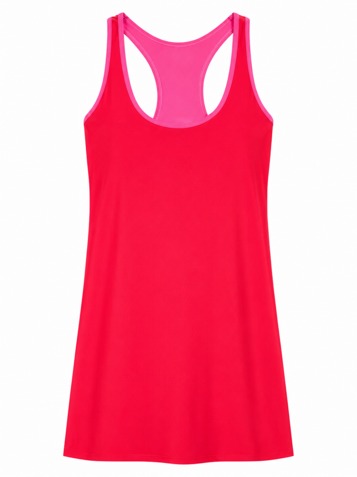Red Sleeveless Athletic Dress with Pink Trim