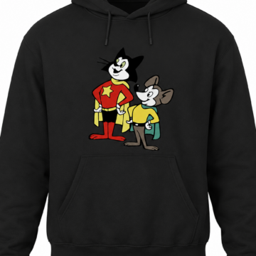 Black Pullover Hoodie with Cat and Mouse Graphic