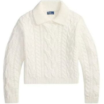 White Cable-Knit Polo Sweater with Cropped Boxy Fit