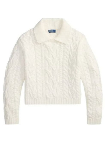 White Cable-Knit Polo Sweater with Cropped Boxy Fit