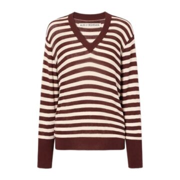 Burgundy Cream Striped V-Neck Drop Shoulder Sweater