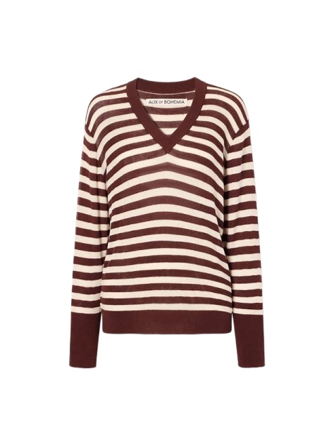 Burgundy Cream Striped V-Neck Drop Shoulder Sweater