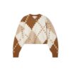 Cropped Geometric Diamond V-Neck Jacquard Sweater