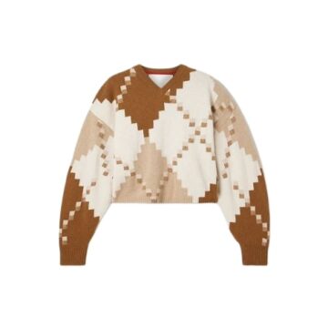 Cropped Geometric Diamond V-Neck Jacquard Sweater