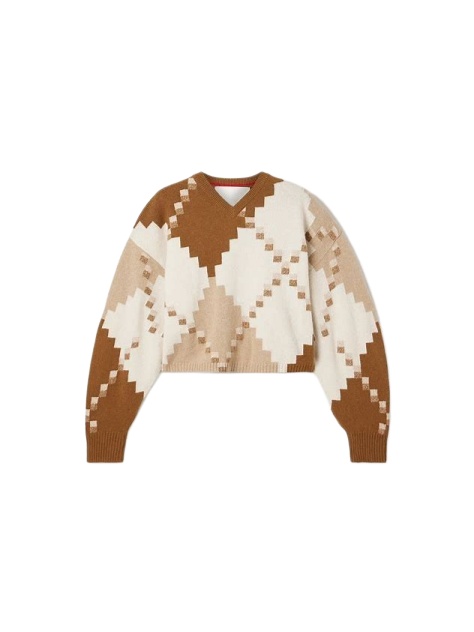 Cropped Geometric Diamond V-Neck Jacquard Sweater